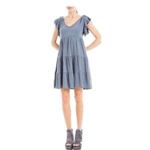 Max Studio Womens Blue Tiered Babydoll Dress Ruffle Cap Sleeve V-Neck Size M